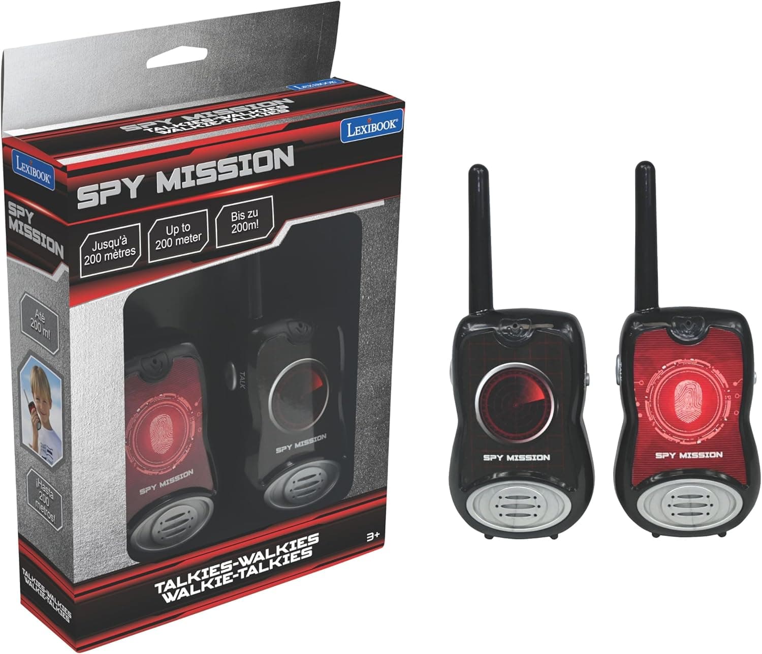 Lexibook Spy Mission-Walkie Talkies, 200 m, conjunto crianças, 2 canais de comunicação, clipe para o cinto, preto/vermelho, M (TW12SPY)