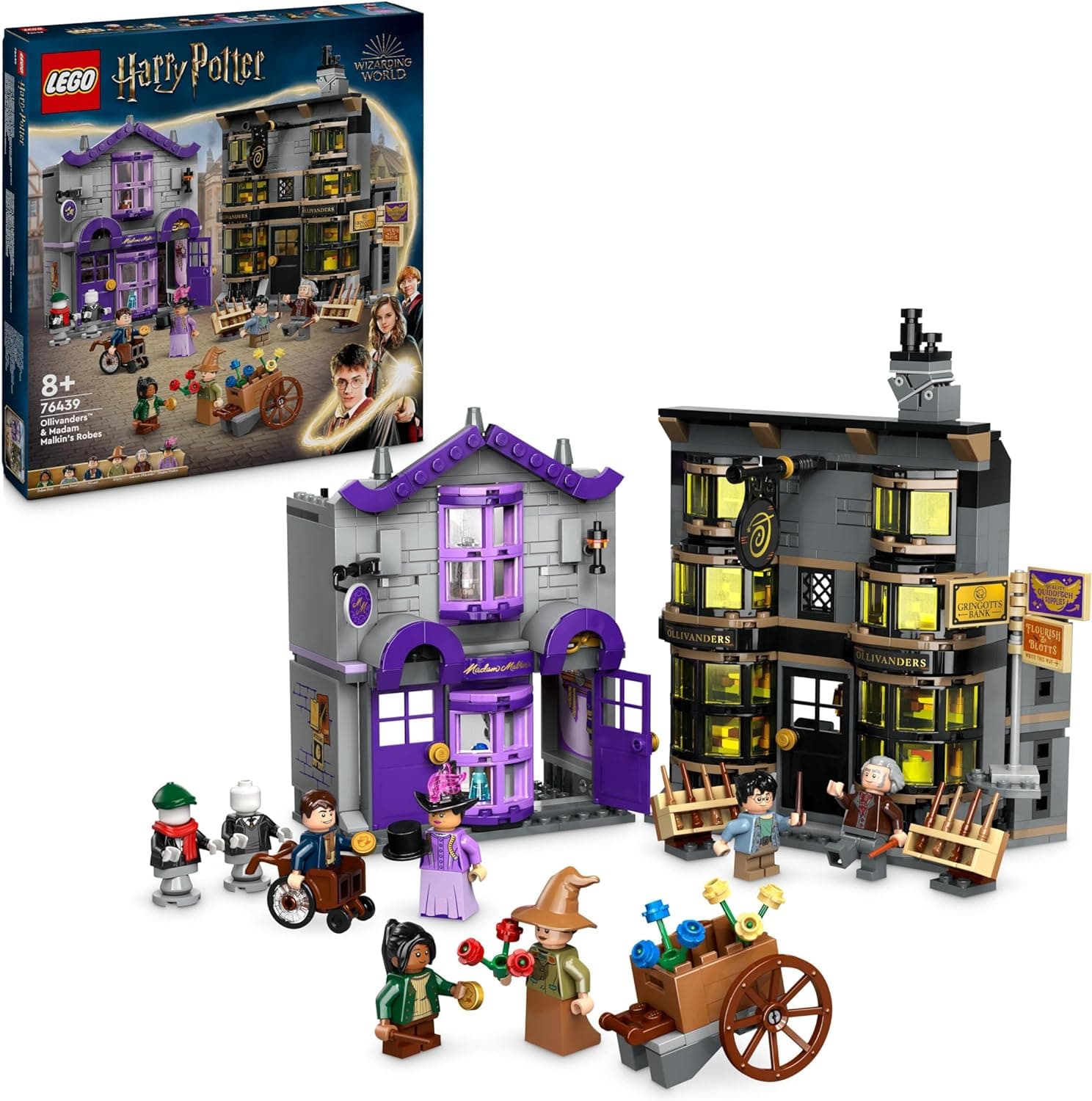 LEGO Harry Potter Ollivanders e túnica de Madame Malkin brinquedo com loja de varinhas de rua diagonal, presente de Natal para meninas e meninos de 8 anos ou mais, decoração de quarto 76439