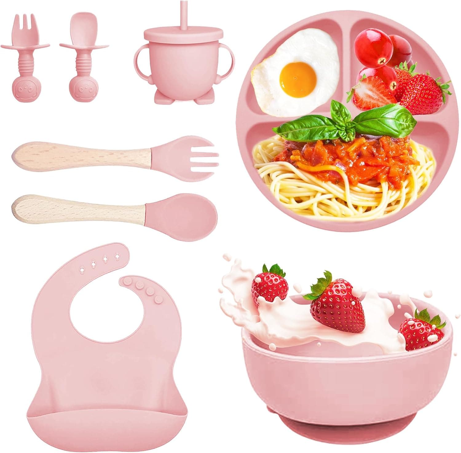 Bizcasa Louça de silicone para bebé, 8 peças, louça de silicone antiderrapante, com prato tigela babete caneca, louça de aprendizagem para comer desmame, sem BPA 