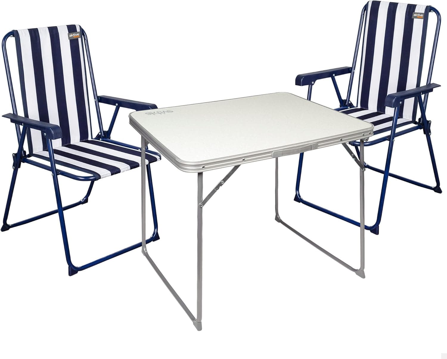 Conjunto cadeiras e mesa de campismo, mesa dobrável portátil de campismo, cadeira de campismo resistente, mesa branca 80 x 60 x 70 cm, 2 cadeiras 54 x 53 x 40 cm, cor azul e branco, Aktive Camping
