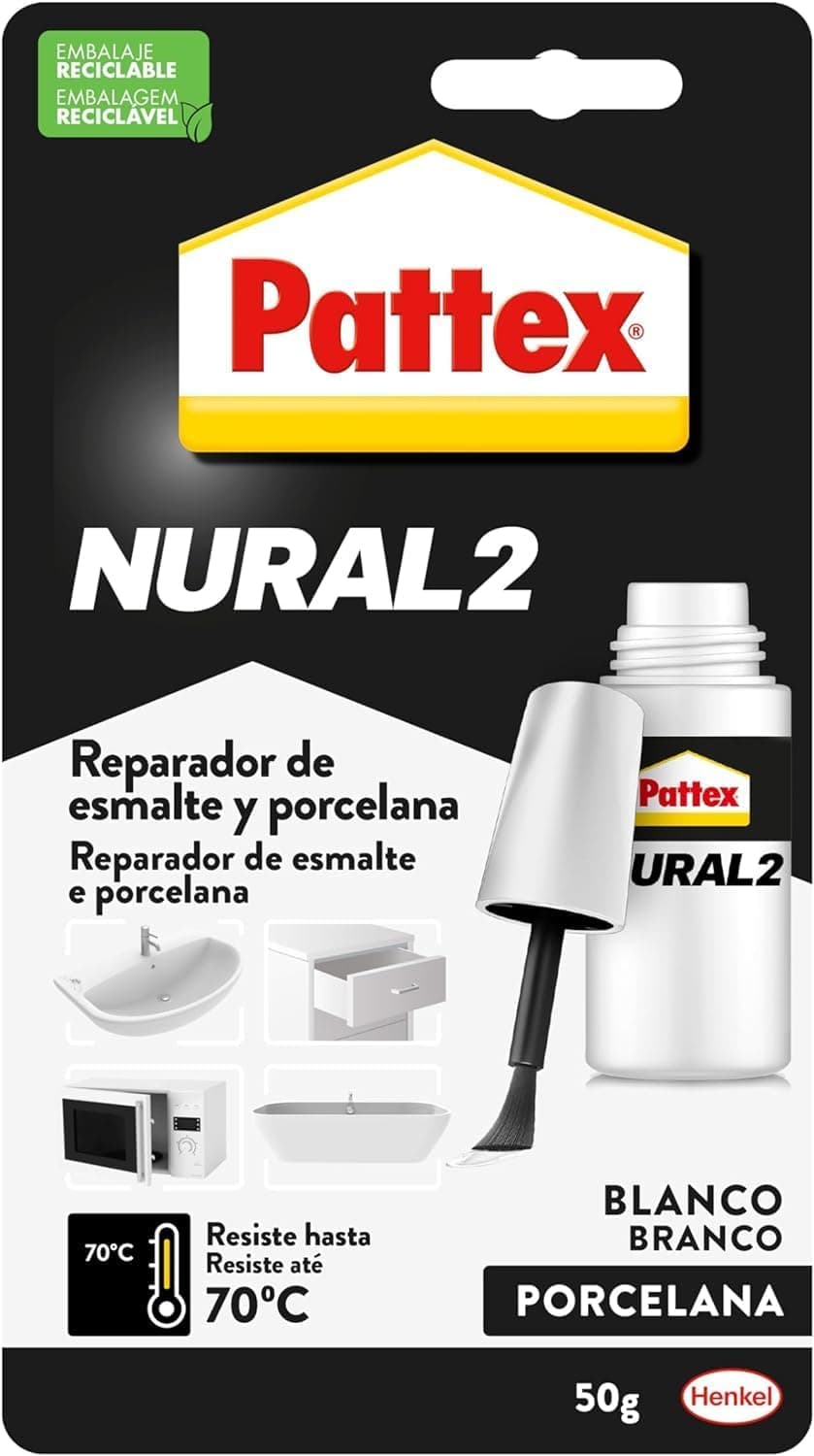 Pattex Nural 2 Reparador de esmalte e porcelana, esmalte permanente branco para descascados, choques e fricção esmalte profissional com várias aplicações, 1 x 50 g