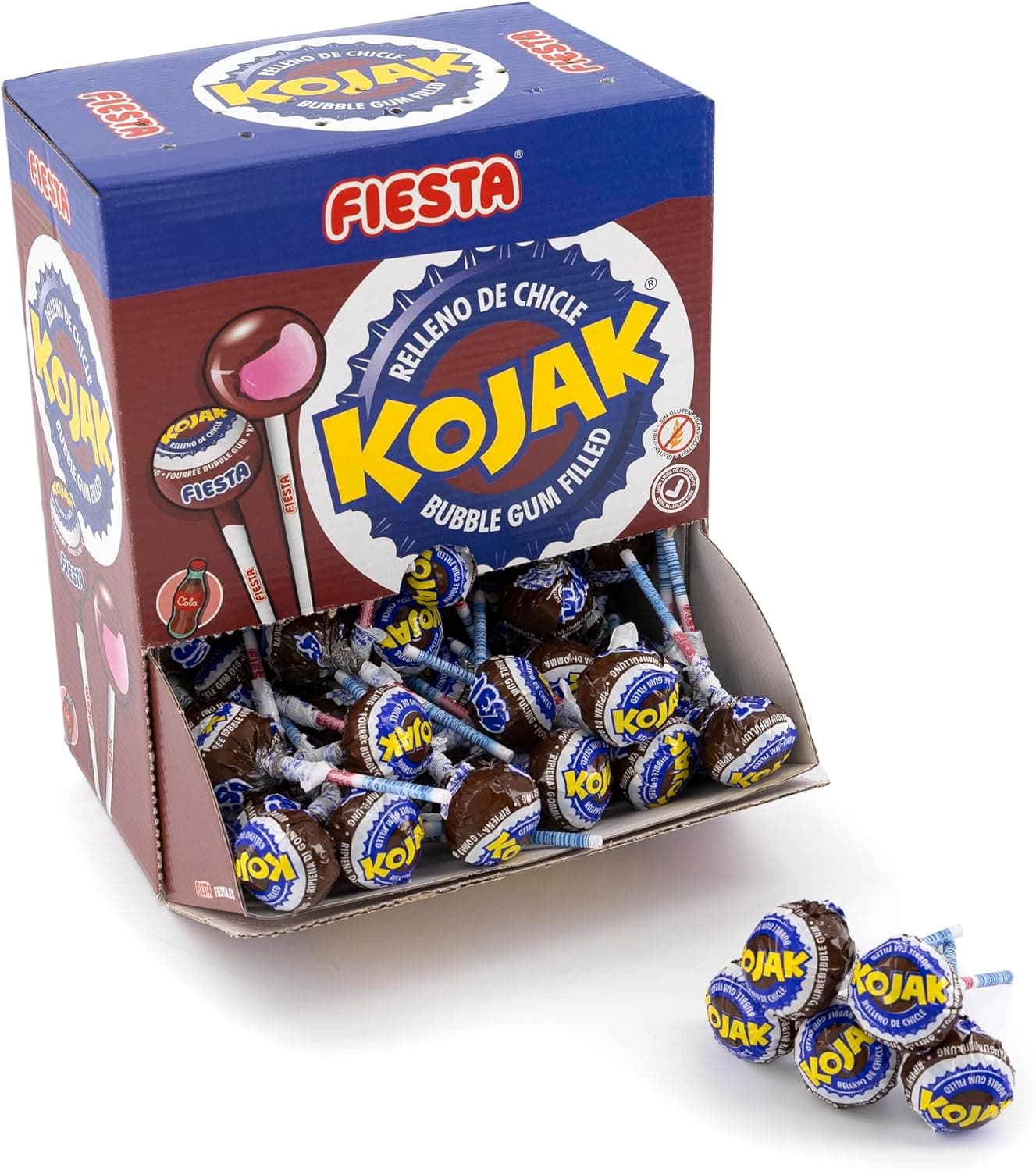 Fiesta Kojak | Chupa-chup sabor cola com recheio de pastilha elástica, caixa com 100 unidades
