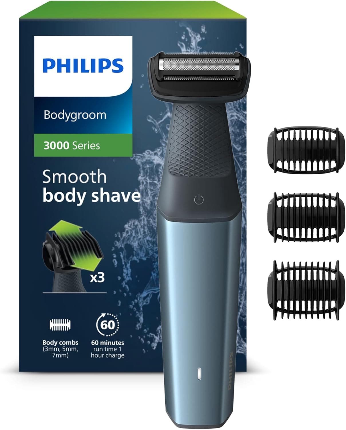 Philips BG3027/03 Máquina de barbear corporal masculina, Bodygroom série 3000, impermeável, com 3 pentes - guia, 60 min de automonomia, azul/preto