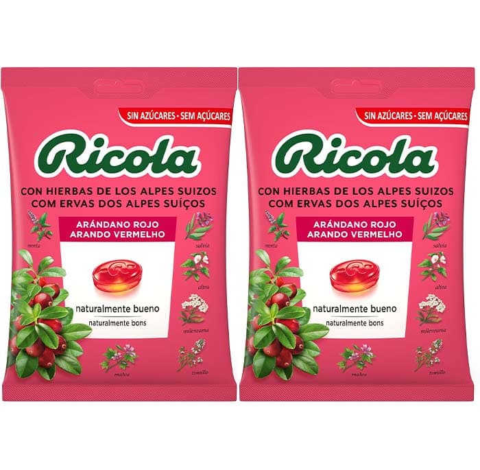 Ricola - Cranberry vermelho, doces duros, refrescante e alivia a garganta e as vias respiratórias, 13 ervas suíças e óleos essenciais, sem açúcar, com adoçante, saco 70 g x 2