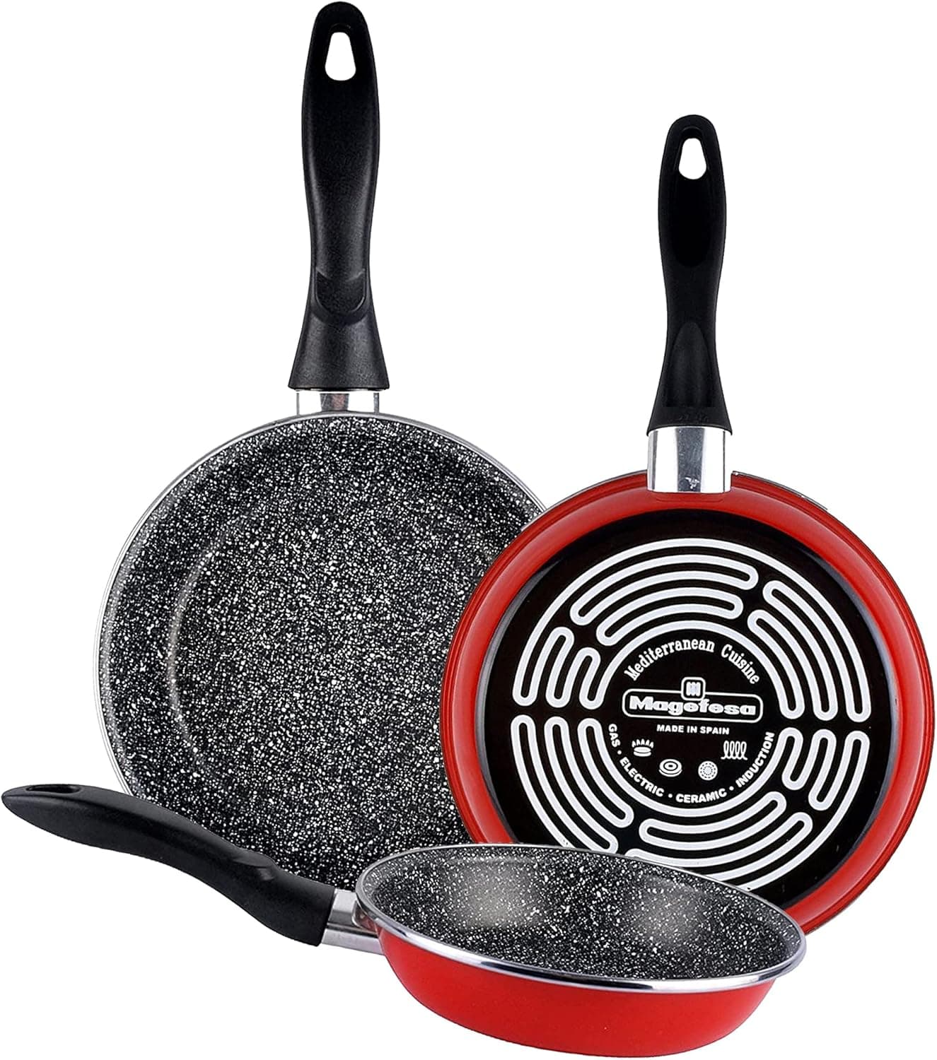 Magefesa K2 Conjunto de 3 frigideiras vermelho (20/24/28) cm de aço vitrificado exterior vermelho. Anti-aderente bicamada reforçado efeito pedra, adequado para todos os tipos de cozinhas