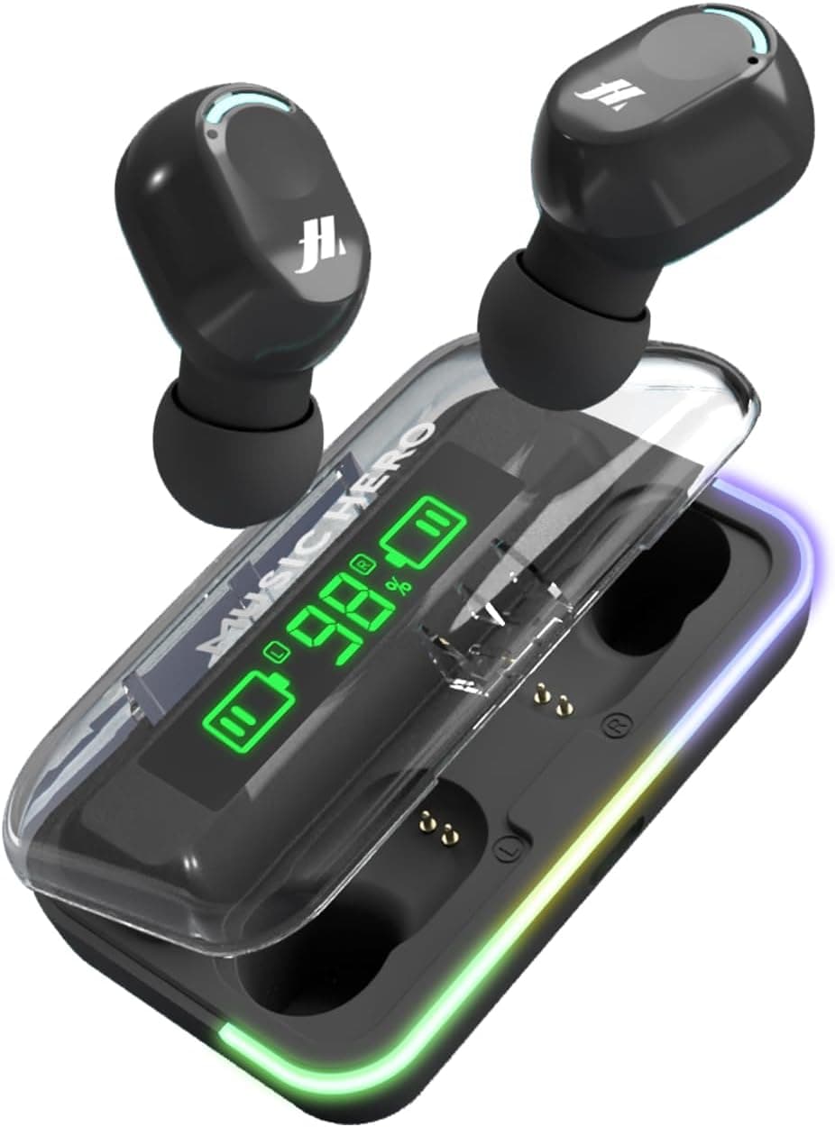 MUSIC HERO Auriculares TWS sem fios com estojo de carregamento, ecrã LCD, microfone incorporado, música e chamadas durante 3 horas, controlos táteis, preto