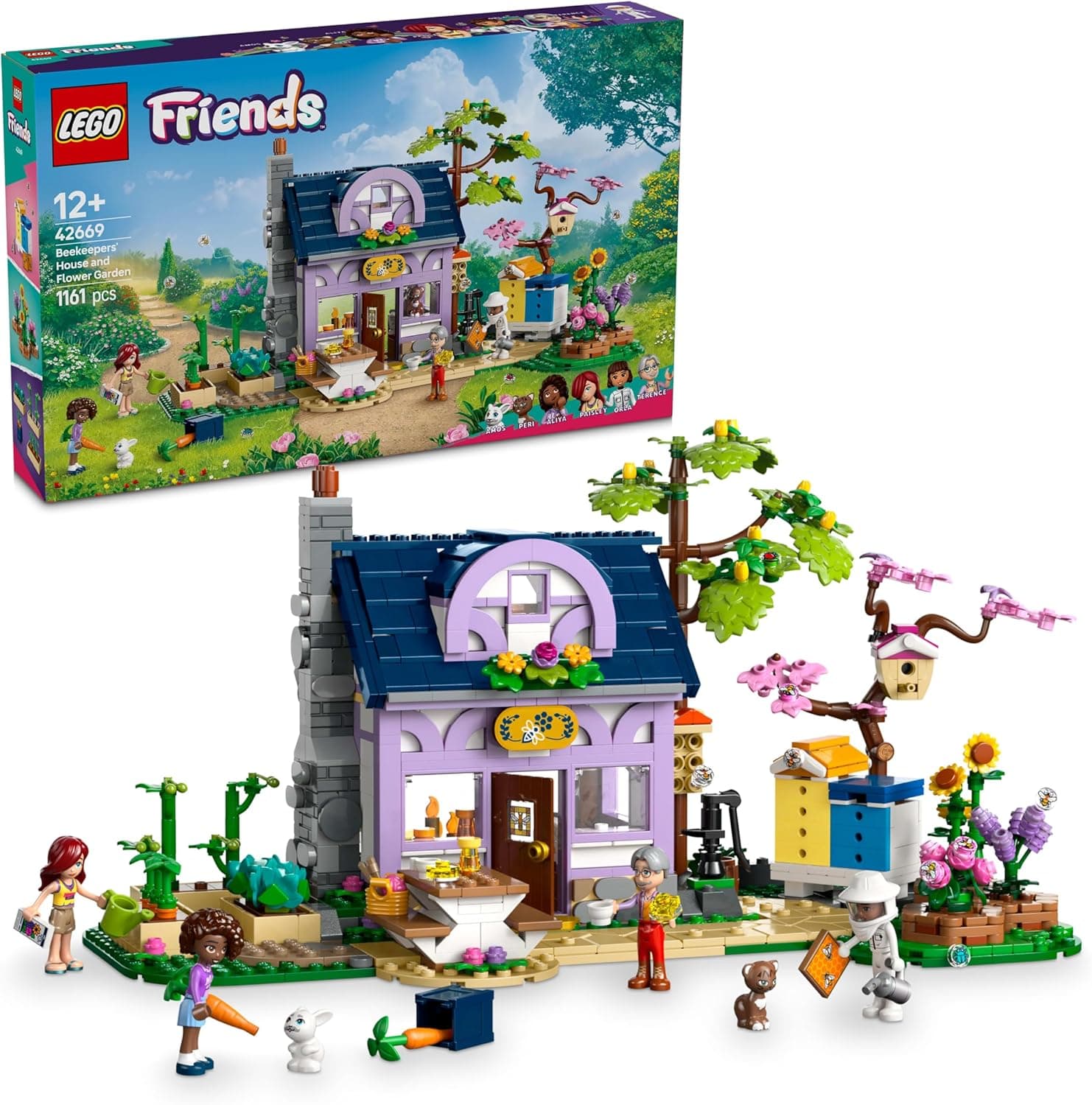 LEGO Friends Casa dos Apicultores e jardim de flores com 4 mini bonecas e figura de gato e coelho de brinquedo, presente para crianças e adolescentes, decoração de quarto 42669