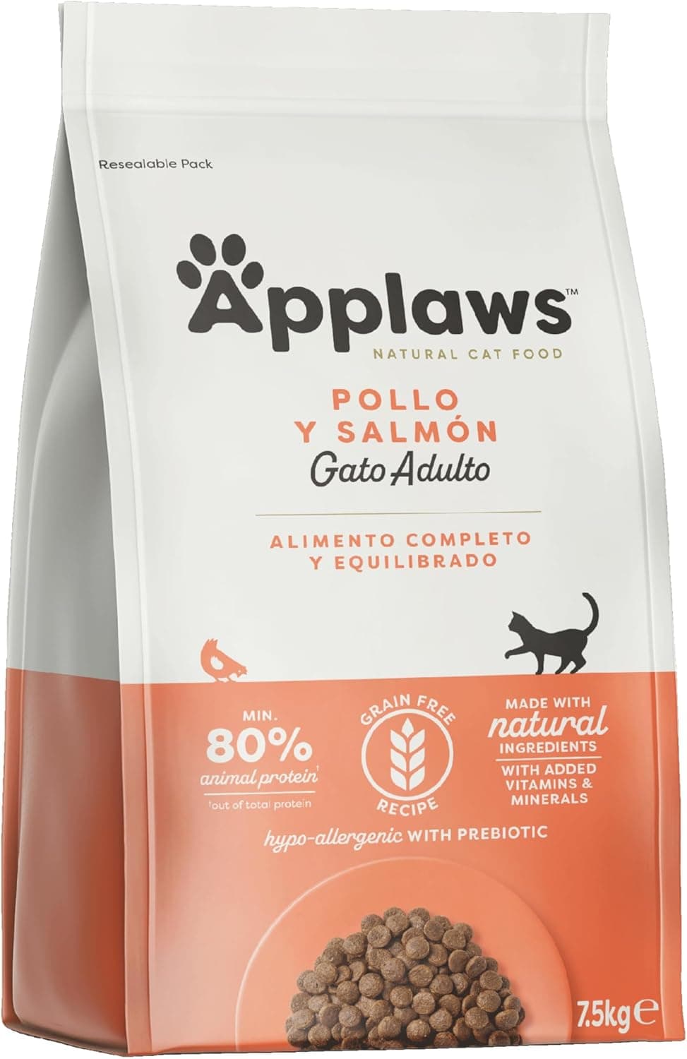 Applaws Comida seca completa natural de frango com salmão para gatos adultos - bolsa reutilizável de 7,5 kg