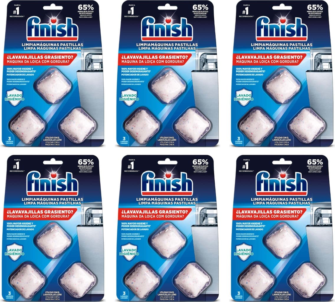 Finish InWash Limpeza de Máquinas | Comprimidos anticalcário e desengordurantes para máquina de lavar loiça, 6 packs de 3 unidades