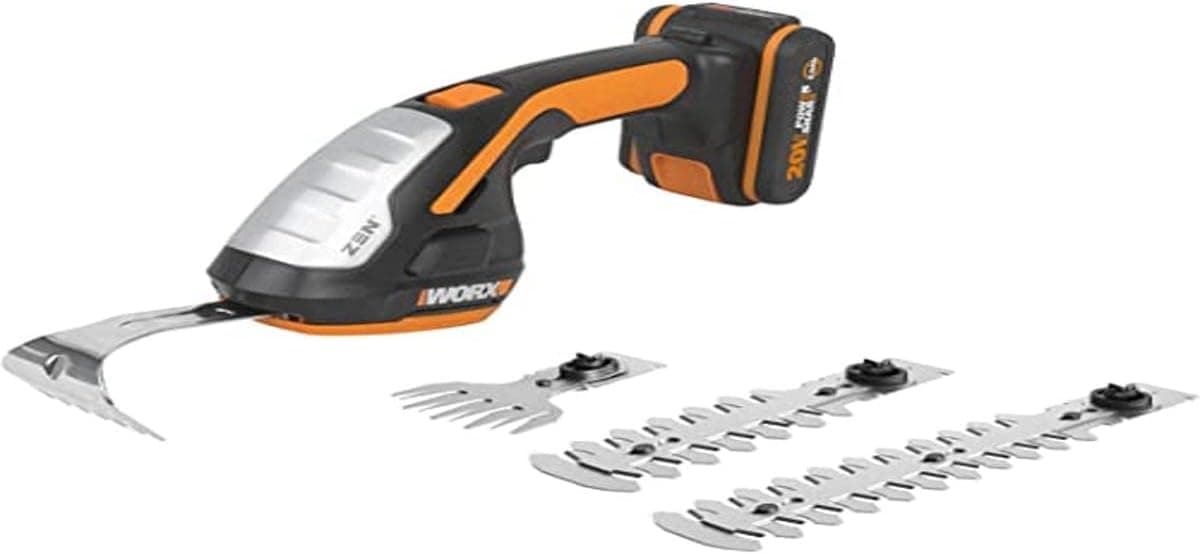 WORX Corta-sebes de mão 20 V máximo. | PowerShare | WG801E.5 | Inclui 1 bateria de 2 Ah e carregador, multifunções, tesoura de relva, azadilla, arranjos | inclui acessórios