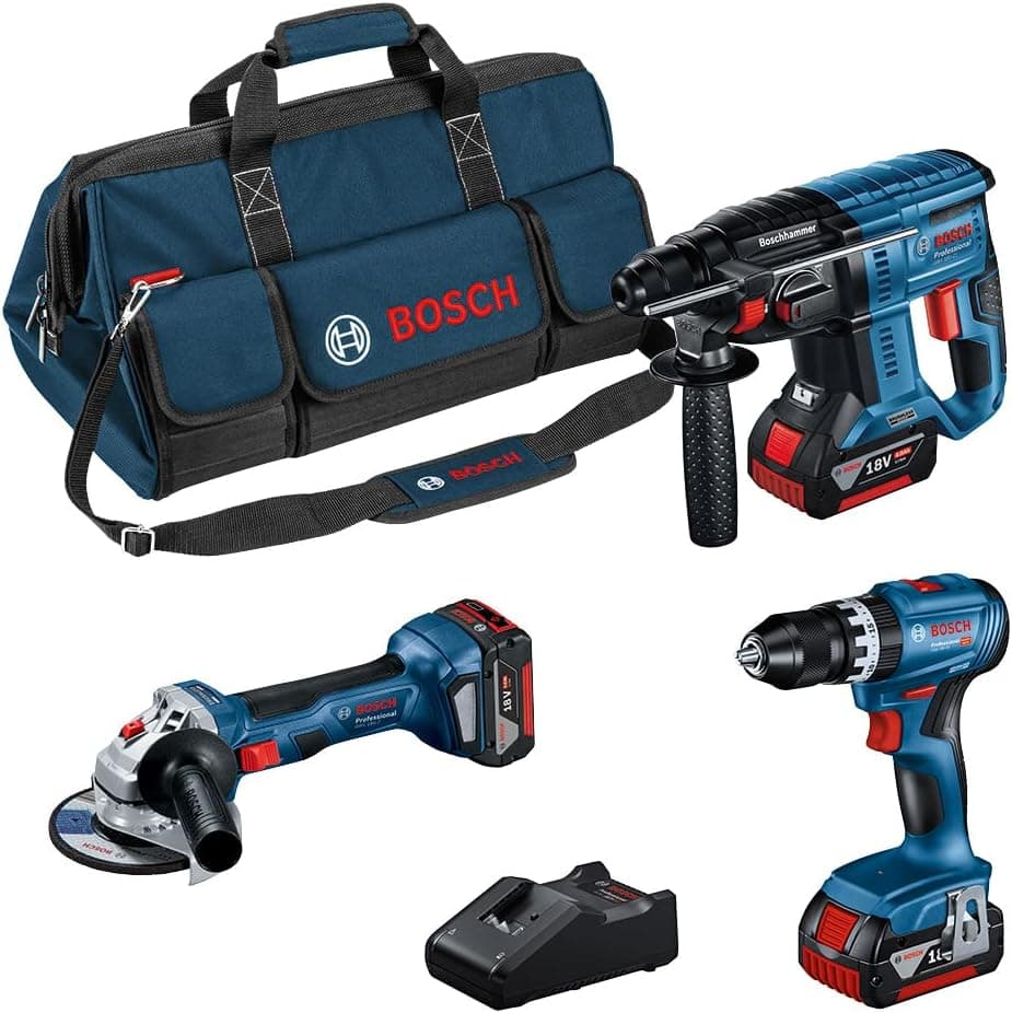 Bosch Professional 18V System GSB 18V-45 GBH 18V-21 GWS 18V-7 (125) - Conjunto de berbequim martelo moedor (3 baterias 4,0 Ah, em bolsa) - Amazon Exclusive