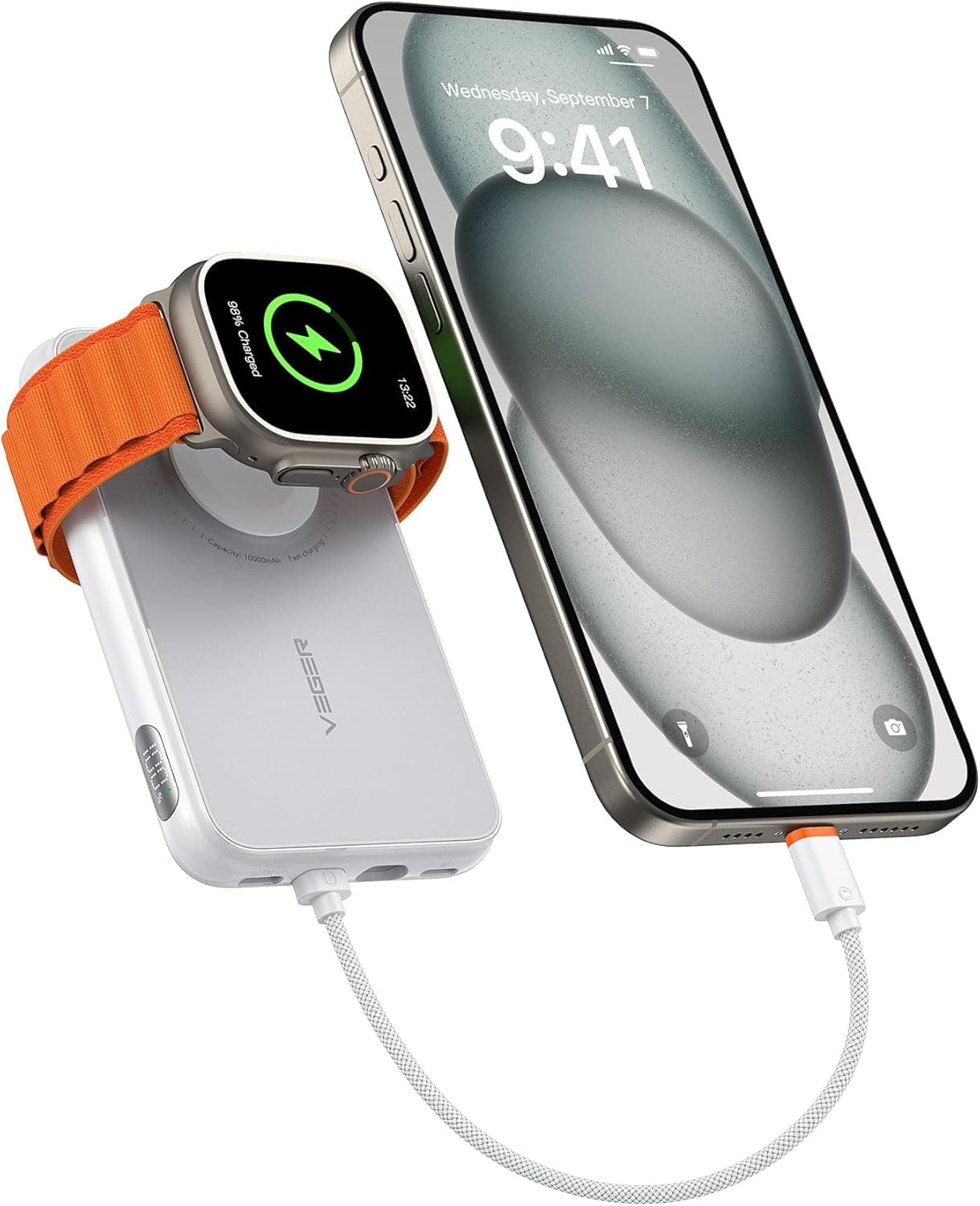 VEGER Bateria externa de carregamento rápido, 10000 mAh Power Bank, cabo de conexão bidirecional incorporado de iPhone a tipo C, bateria portátil para iPhone, Apple Watch, Smartphones Type C, Samsung