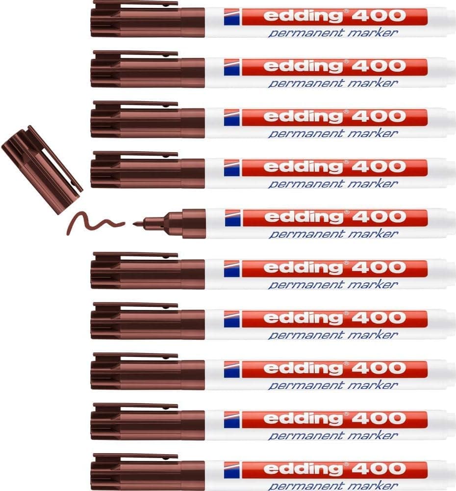 edding 400 Marcador permanente - castanho, 10 marcadores, ponta fina redonda de 1 mm, impermeável, de secagem rápida, marcadores indeléveis, para cartão, plástico, madeira, metal, vidro