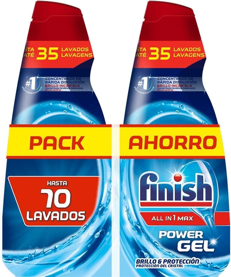 Finish All in 1 Max Power Gel brilho e proteção, detergente gel para máquina de lavar louça, 2 unidades - total 70 lavagens