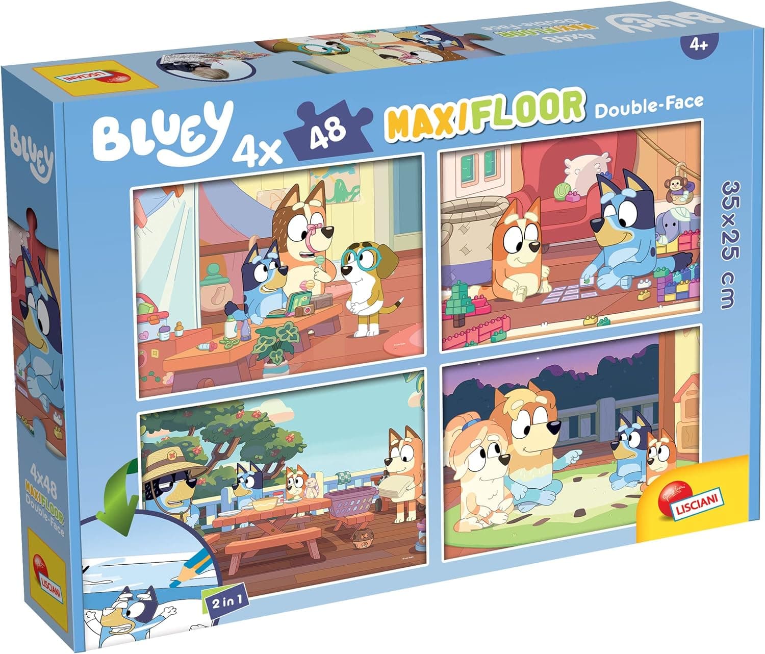 Lisciani - Puzzle Bluey - 4 quebra-cabeças de 48 peças - jogo criativo - jogo de puzzle - vários personagens - frente e verso - 2 em 1 - puzzle e colorir - 35 x 25 cm 