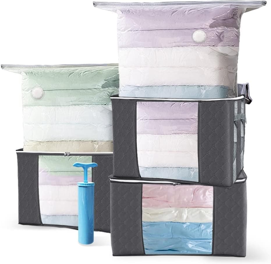 VOUNOT 3 sacos a vácuo roupa e 3 caixas de armazenamento roupa EDENOO com fecho de correr e alças, para guardar roupas, lençóis, edredões, almofadas, manta