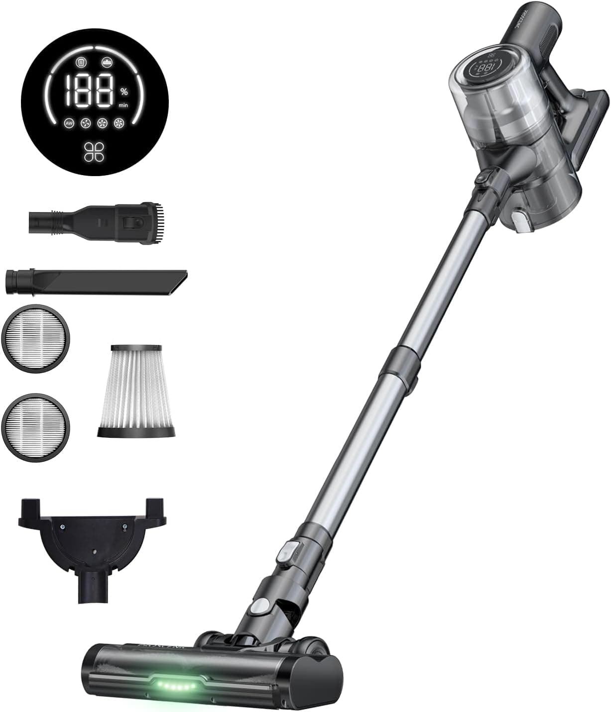 Proscenic P13 Aspirador sem cabo potente 45 kPa/550 W, automonomia 45 minutos, aspirador anti-emaranhados, LED Vertect™ verde, bateria removível, para animais de estimação/tapetes/carro