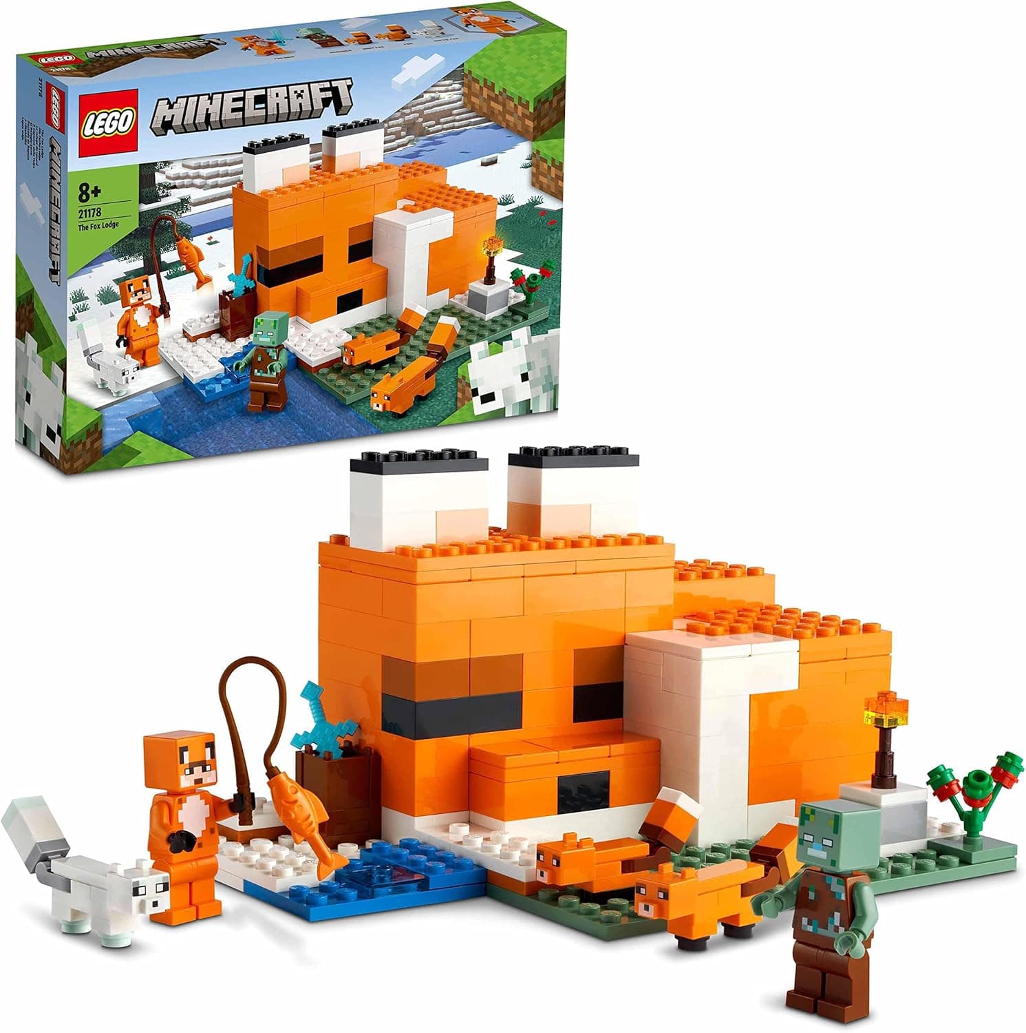LEGO Minecraft o refúgio-raposa, brinquedo de construção com figuras de zumbi afogado e animais, presentes de aniversário para meninos e meninas de 8 anos 21178