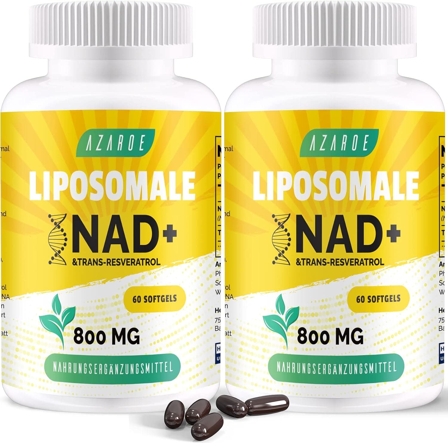 Nad lipossomal e Trans-Resveratrol 800 mg cápsulas macias, alternativa ao NMN mais eficiente que o NMN, alta absorção, suplemento real de Nad para reparação de células (60 unidades (embalagem de 2))