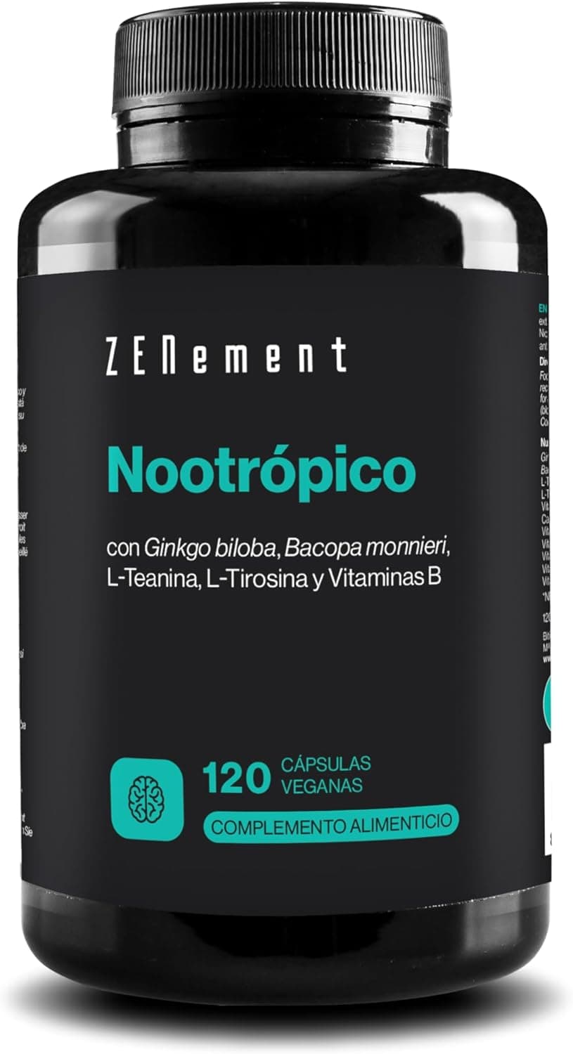 Nootrópico natural, 120 cápsulas, fórmula para aumentar a memória, concentração e agilidade mental, com Ginkgo Biloba, Bacopa Monnieri, tirosina, teanina e vitaminas, Zenement