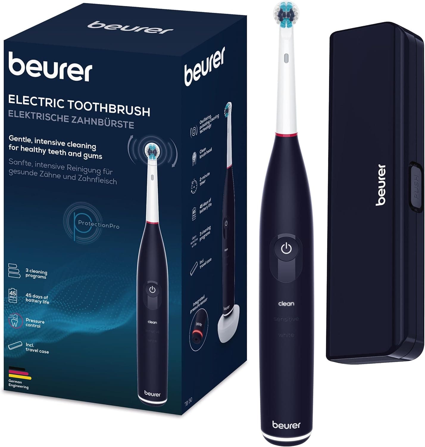 Escova elétrica, 3 programas de limpeza para cuidados dentários, tecnologia de limpeza oscilante para remover a placa, sensor de pressão integrado, bateria recarregável
