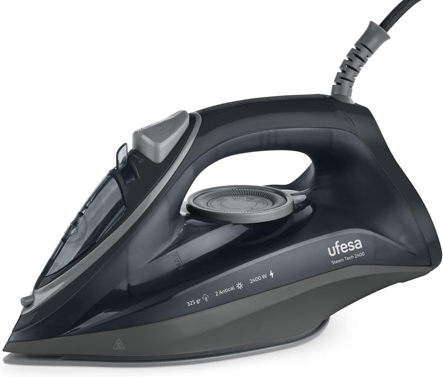 Ufesa Steam Tech 2400 Ferro a vapor de 2400 W, golpe de vapor máximo de 120 g e constante 0 - 30 g/min, sola de cerâmica, sistema anticalcário duplo, anti-gotejamento, preto