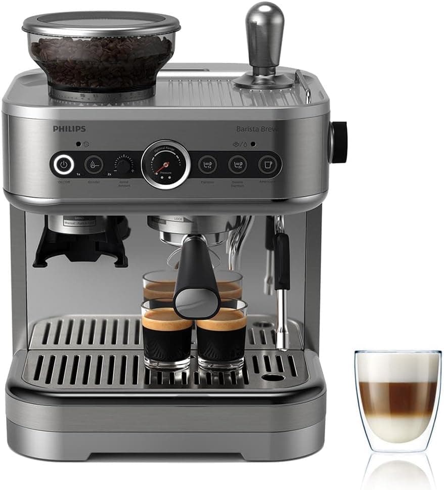Cafeteira expresso semiautomática Philips Barista Brew - Espresso simples e duplo botão americano, recipiente de 250 g de café em grão, guia intuitivo, prensado calibrado, aço inoxidável (PSA3218/01)