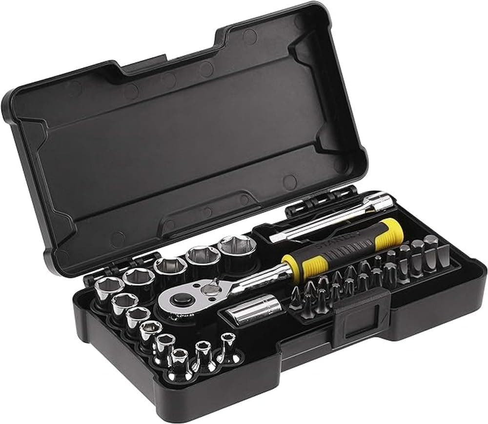 STANLEY Conjunto de chaves de copo compactas de 1/4', total 37 peças, arraca de 72 dentes, 1 extensor de 75 mm, 1 porta-pontas, 22 pontas, caixa duradoura - STMT82672-0