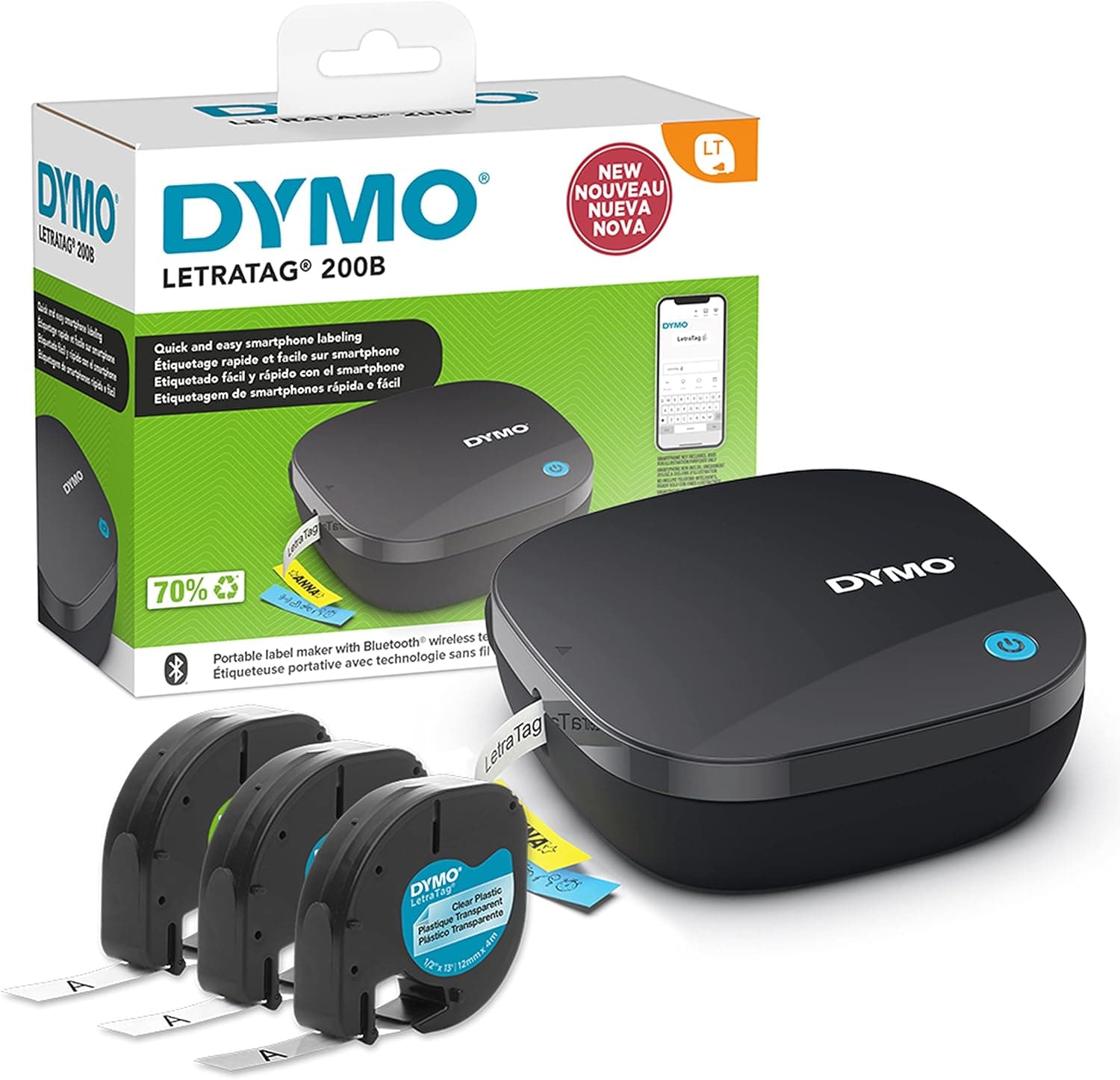 DYMO Etiquetadora LetraTag 200B Bluetooth | Impressora de etiquetas compacta | conecta-se via tecnologia sem fios Bluetooth para iOS e Android, inclui 3 fitas de etiquetas