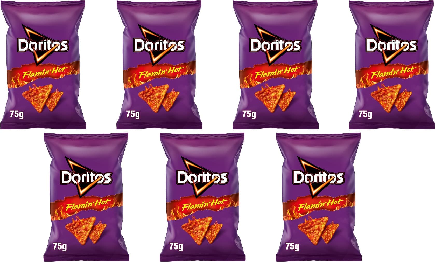 Doritos Flamin Hot, Snack de milho picante, saco individual de aperitivo, 75 g X 7