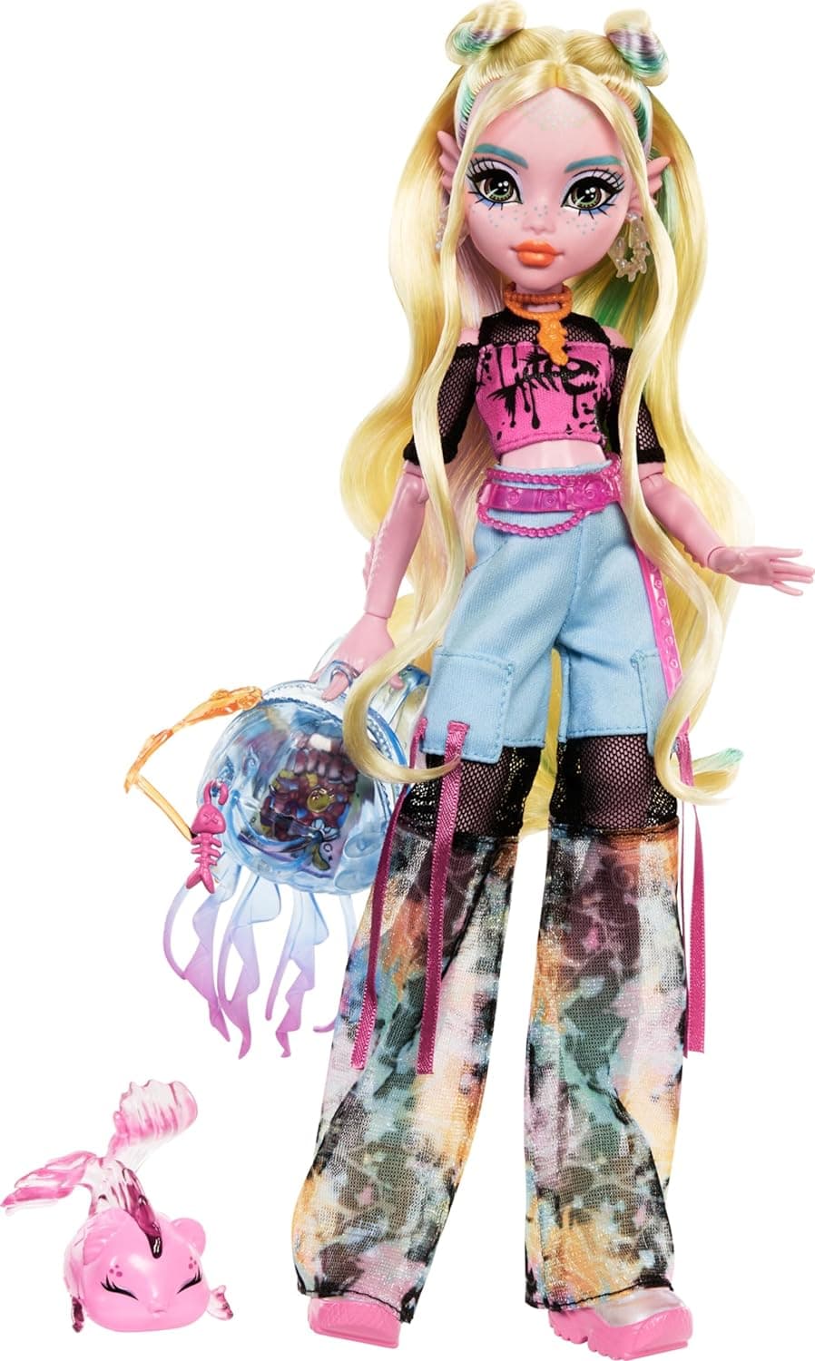 Monster High Lagoona Blue, boneca monstruita marinha com t-shirt de malha e calças cargo dos anos 2000, inclui peixe de estimação Neptuna, brinquedo presente para crianças +4 anos, HXH75