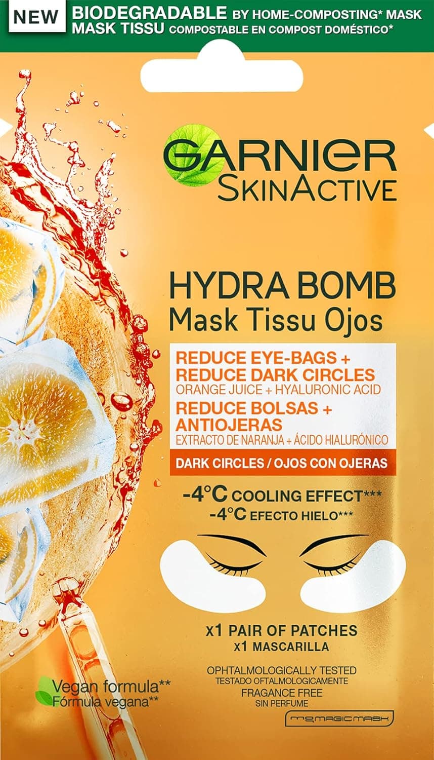 GARNIER Skin Active máscara de tecido contorno de olhos anti-fadiga e anti-orelhas com ácido hialurónico e extrato de laranja