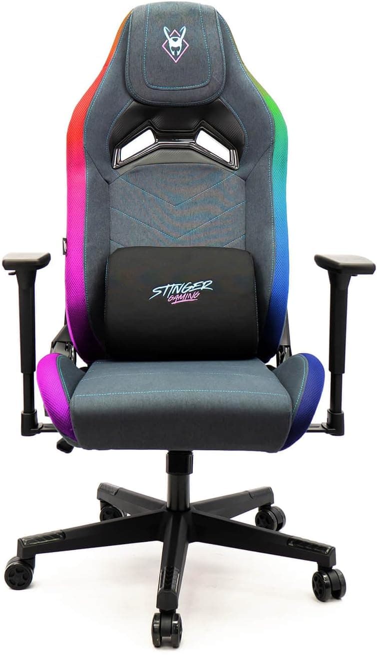 Woxter Stinger Station Elite RGB Blue/Pink Cadeira Gaming com luzes LED RGB, elevação por pistão de gás, tecido antimanchas, respirável, apoio de braços 3D, almofada lombar regulável e cervical