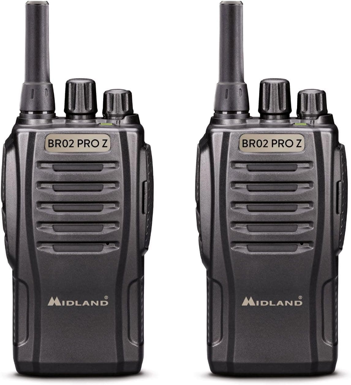 Midland BR02 Pro Z C1524, 2 rádio transceptor, Walkie Talkie profissional com 32 canais PMR446, 2 auriculares MA-21LKI, 2 clipes para cinto, baterias recarregáveis 2000 mAh até 24 horas, preto