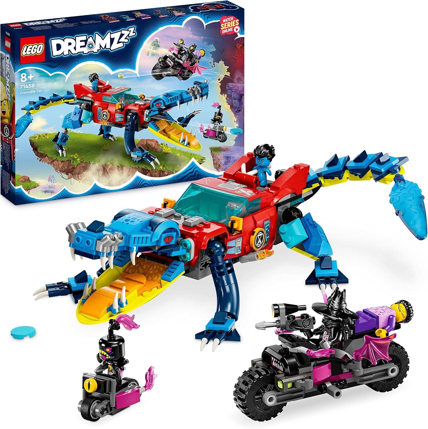 LEGO DREAMZzz 2 em 1 Carro-crocodilo de brinquedo, cria um Monster Truck ou um veículo de crocodilo, inclui minifiguras de cooper, Jayden e caçador noturno da série de televisão 71458