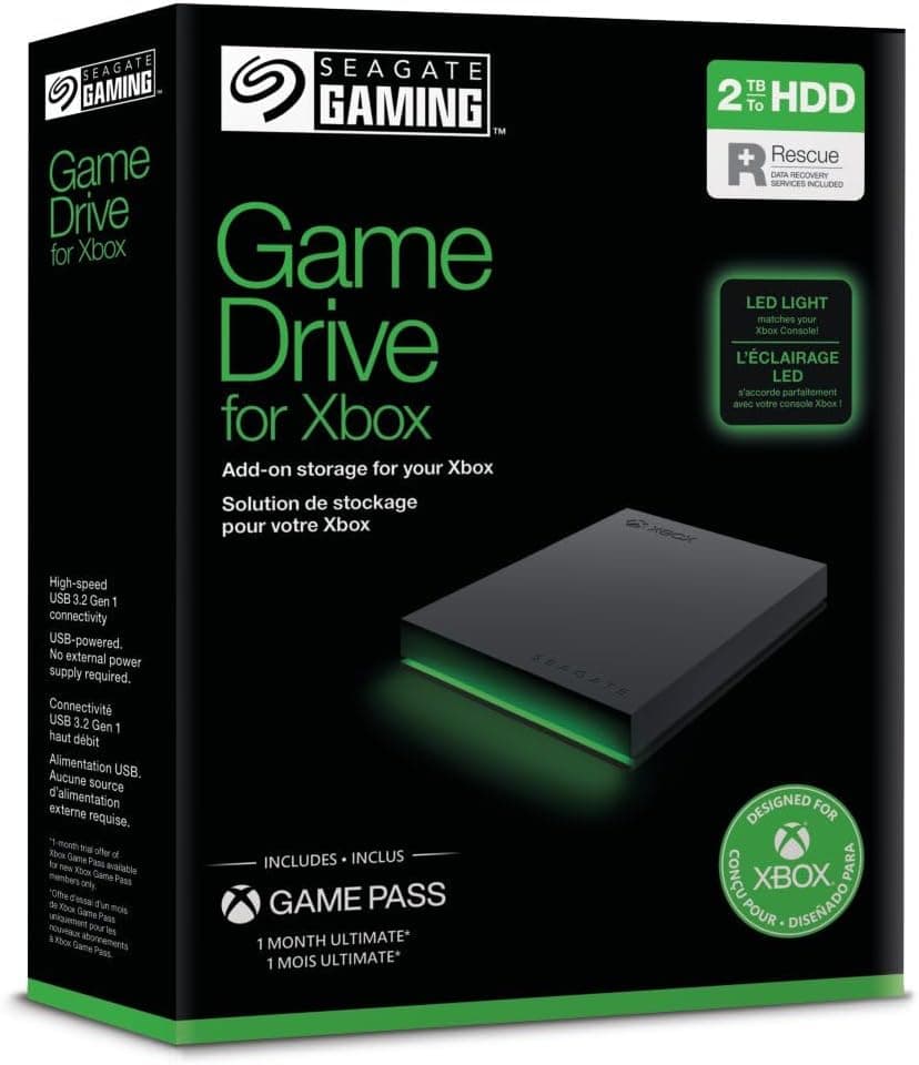 Seagate Game Drive for Xbox 2TB, unidade de disco rígido externa (HDD), USB 3.2 Gen 1, preto, certificação Xbox, LED RGB, Rescue Services (STKX2000403)