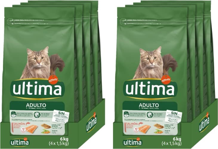 Ultima Adult salmão, comida seca para gatos, embalagem de 8 x 1,5 kg, total 12 kg