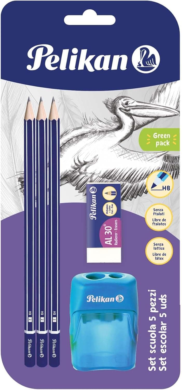 Pelikan - Conjunto de 3 lápis de grafite 2B, borracha e afia-lápis duplo