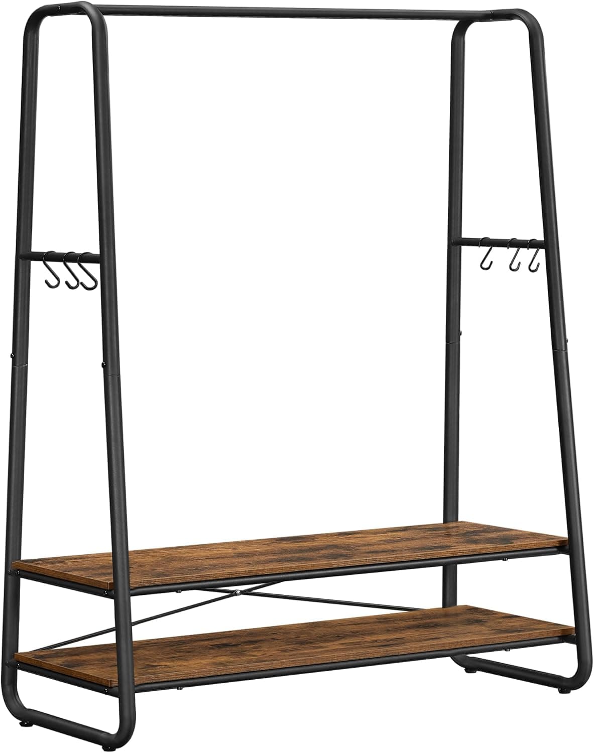 VASAGLE Cabide de entrada com 2 prateleiras, 6 ganchos em forma de S, moldura de aço, para quarto, castanho rústico e preto mate RGR112B01