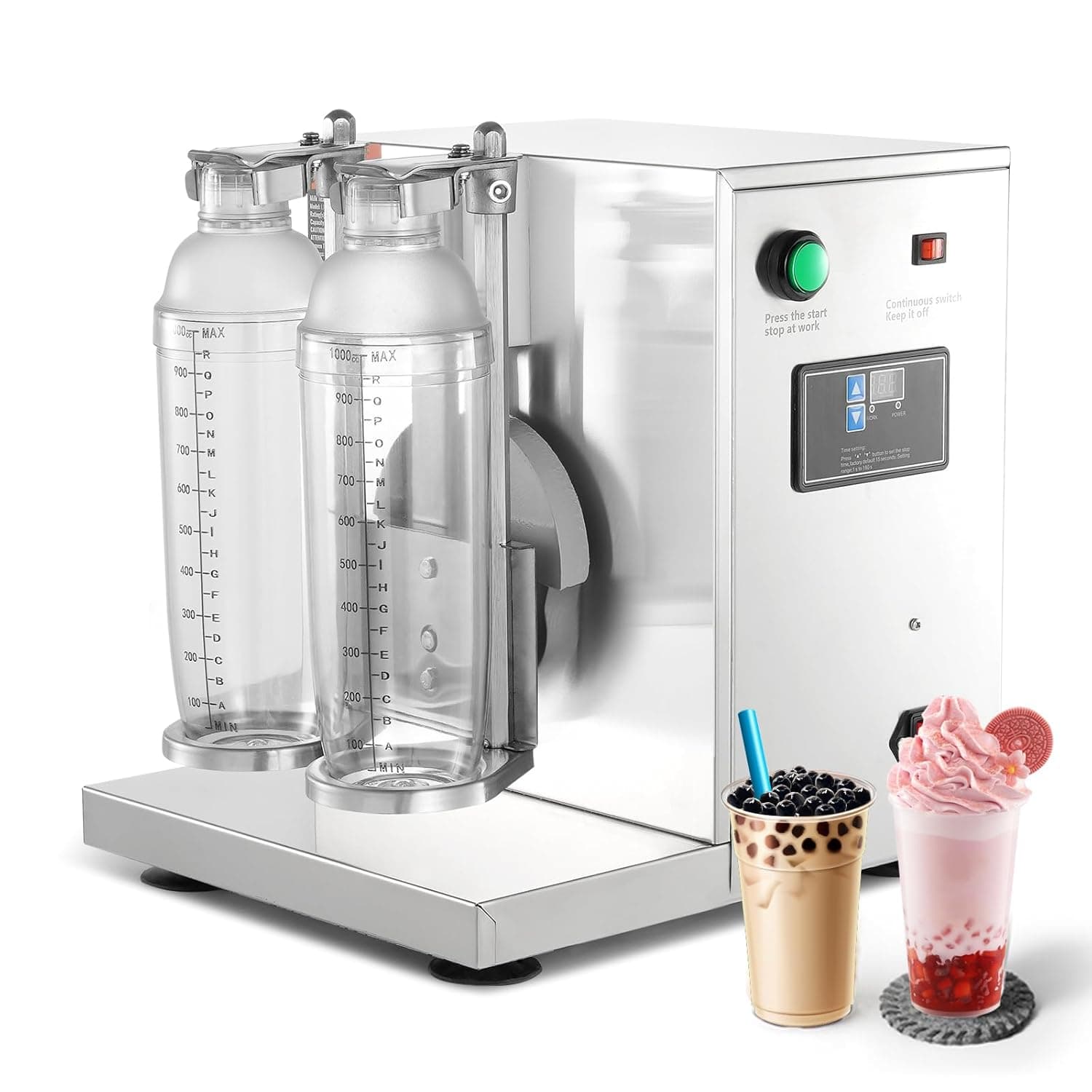 VEVOR Máquina misturadora de chá com leite de 120 W, máquina misturadora de batidos de cabeça dupla, liquidificadora de batidos ajustável de 0 a 180 s com caneca de PC de 1 l, para loja de chá com