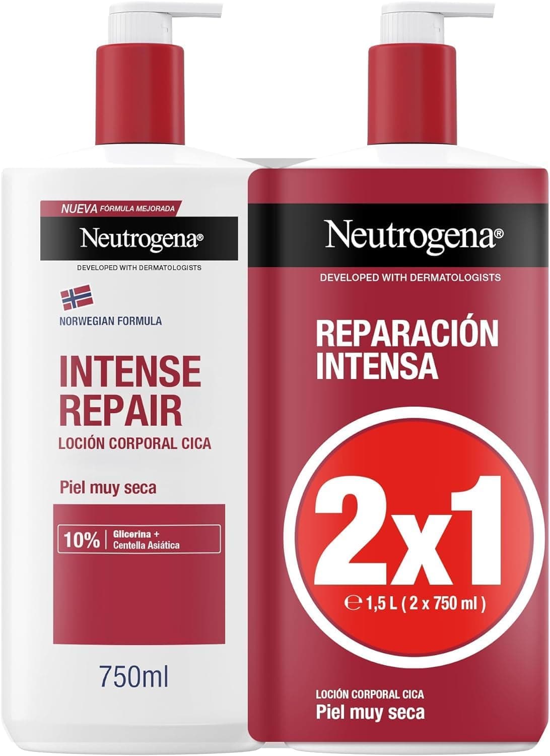 Neutrogena Fórmula Noruega loção corporal CICA reparação intensa para pele seca (embalagem de 2 x 750 ml), creme hidratante corporal reparador com centelha asiática