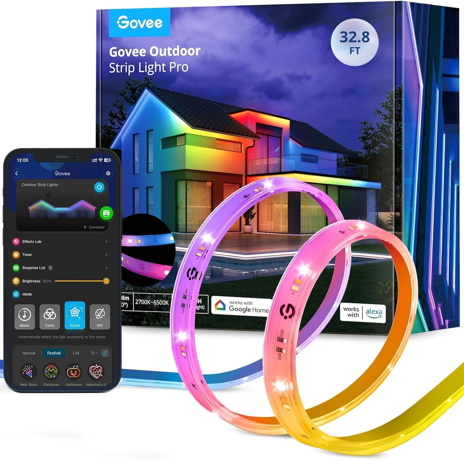 Govee Tira LED para exterior Pro 10 m, RGBIC com branco quente e frio, impermeável IP65, cores DIY, controlo APP e Alexa, luzes LED para aler, varanda, jardim, piscina