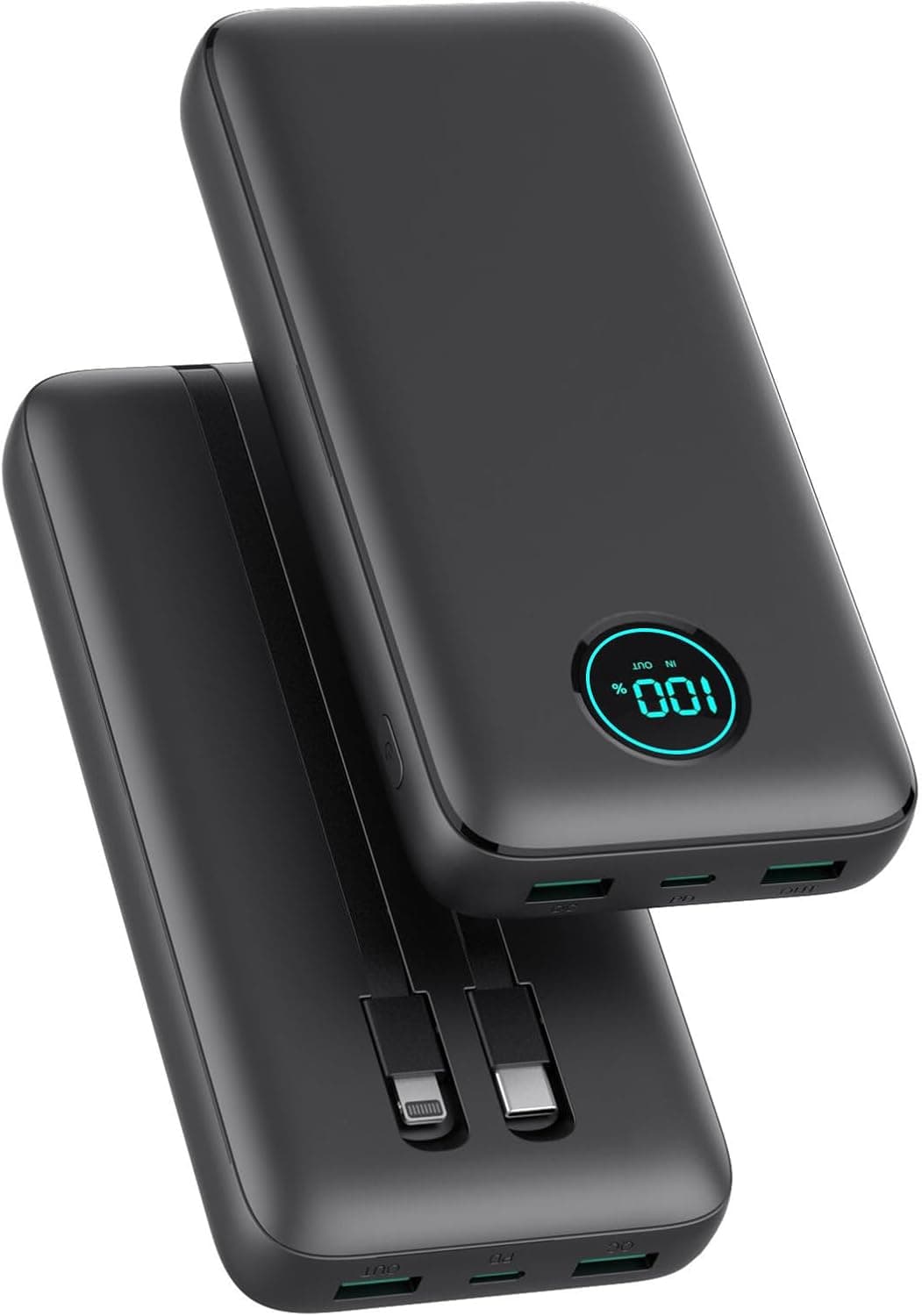 Power Bank 26800 mAh com cabo, PD 25 W QC4.0 carregamento rápido bateria externa USB C, 5 saídas bateria portátil com ecrã LCD carregador portátil para iPhone 16/15/14, Samsung Huawei etc, preto