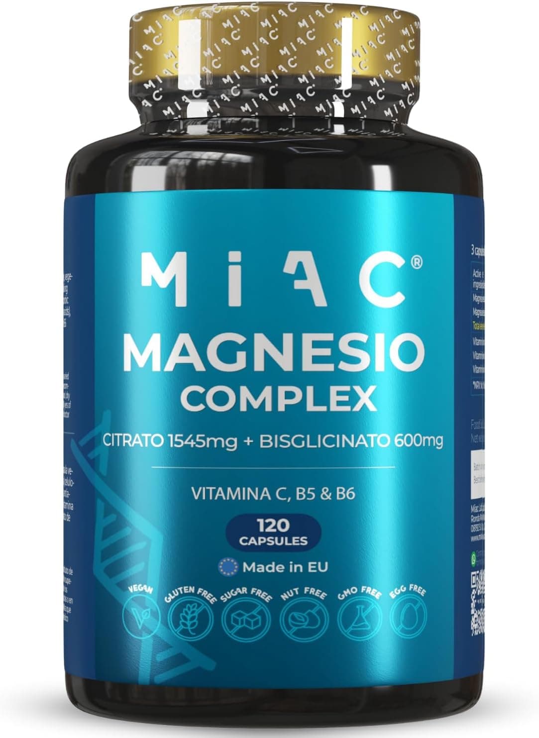 MIAC Magnesium Citrate + Bisglicinato | Complexo de magnésio com vitamina C, B5 e B6 para redução da fadiga muscular e melhora do sono, 120 cápsulas