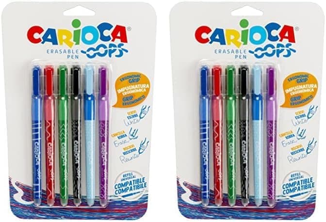 Carioca Canetas apagáveis Oops cores sortidas, caixa de 6 canetas apagáveis recarregáveis com tinta térmica, para a faculdade, universidade e escritório, ponta de Ø 0,7 mm, 6 peças
