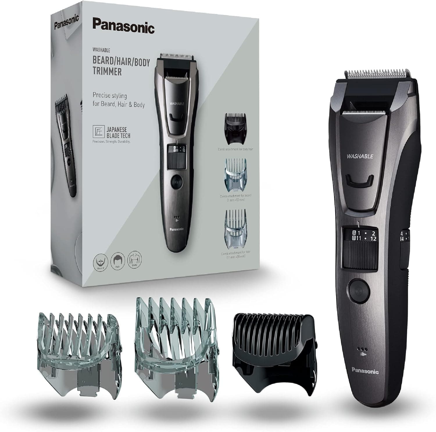 Panasonic ER-GB80-H503 Trimmer de barba, cabelo e corpo para homens, máquina de barbear portátil, 39 configurações de comprimento, 3 acessórios, detalhado, operação sem fios e com cabo, prateado