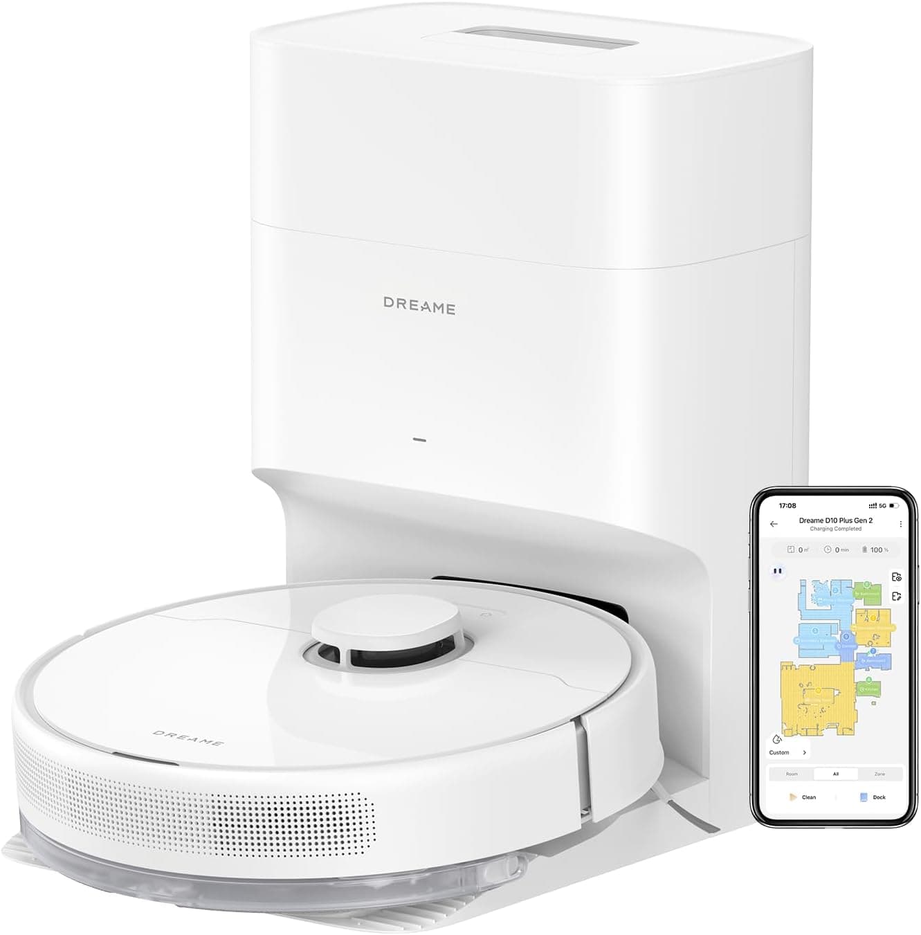 DREAME D10 Plus Gen 2 Robot aspirador e esfregona de chão, 6000 Pa Robot aspirador com base auto-esvaziada, navegação LiDAR, capacidade de superar obstáculos de 20 mm, mapa multicamada