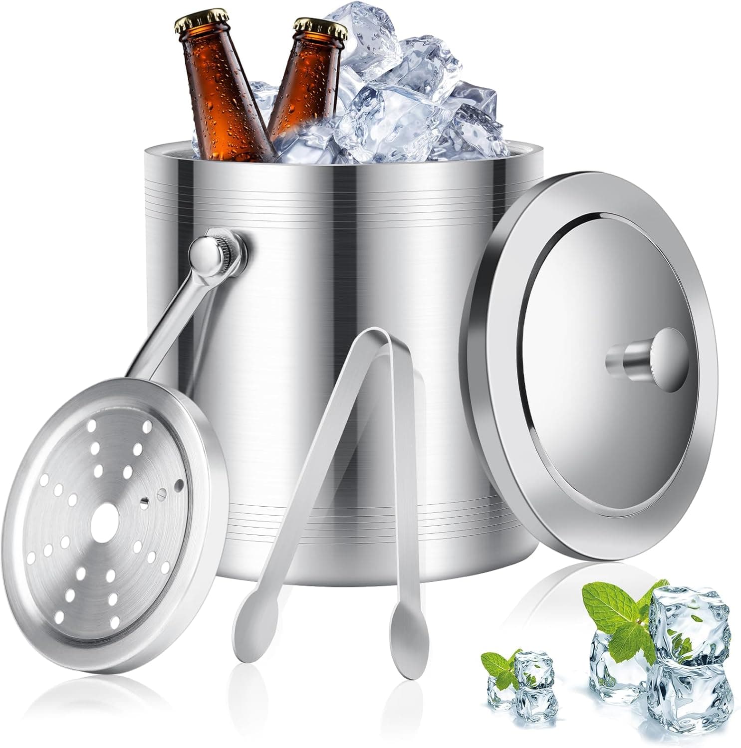 Auauraintt Baldes de gelo em aço inoxidável, cubo de gelo 2 litros, com tampa, pinças, coador e alça, balde de gelo com isolamento de parede dupla, para festas, cerveja, cocktails, vinho frio