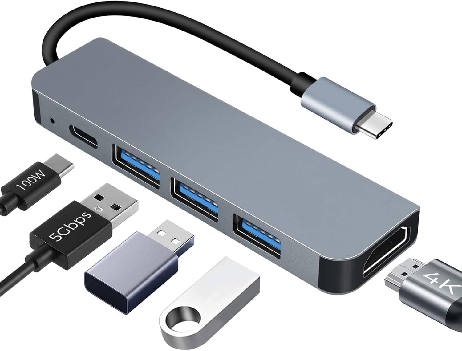 Jewan 5 em 1 USB C Hub | Estação de ancoragem com HDMI 4K, 100W PD e múltiplas portas compatível com MacBook, iPad e iPhone