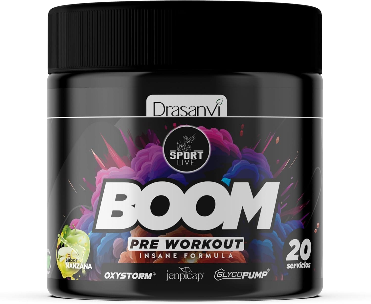 DRASANVI | Pré-Workout | Maximize a sua energia, resistência e concentração, com cafeína, taurina, argina e beta, Alanina | Sport Live, sabor de maçã, 300 g